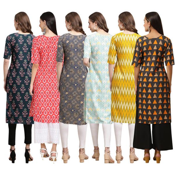 STYLISH CREPE MULTICOLOR PRINTED STRAIGHT SET OF 6 COMBO KURTA 335-346-341-343-329-387