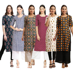 STYLISH CREPE MULTICOLOR PRINTED STRAIGHT SET OF 6 COMBO KURTA 335-348-383-355-386-387