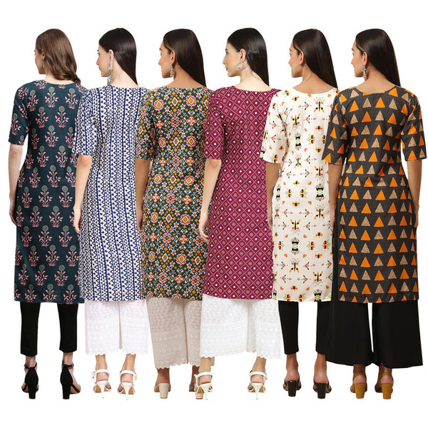 STYLISH CREPE MULTICOLOR PRINTED STRAIGHT SET OF 6 COMBO KURTA 335-348-383-355-386-387