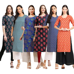 STYLISH CREPE MULTICOLOR PRINTED STRAIGHT SET OF 6 COMBO KURTA 335-351-391-345-353-354