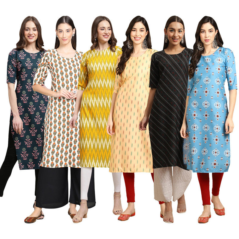 STYLISH CREPE MULTICOLOR PRINTED STRAIGHT SET OF 6 COMBO KURTA 335-352-329-360-385-361