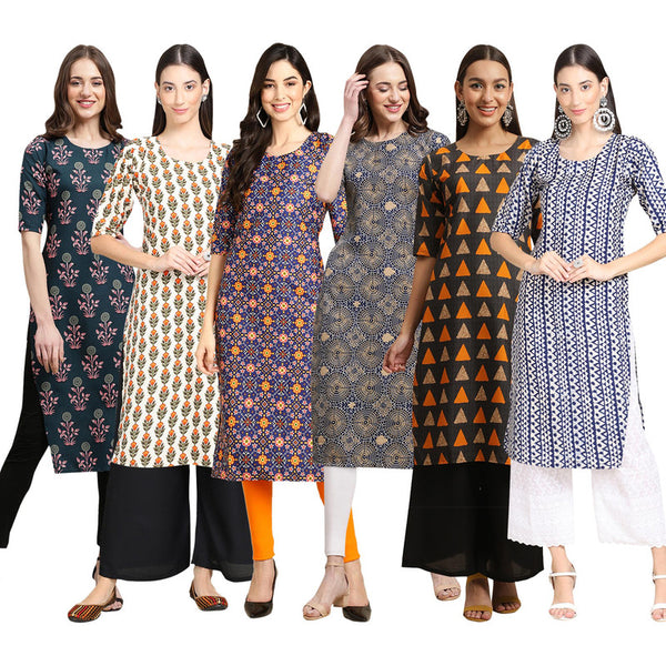 STYLISH CREPE MULTICOLOR PRINTED STRAIGHT SET OF 6 COMBO KURTA 335-352-369-341-387-348