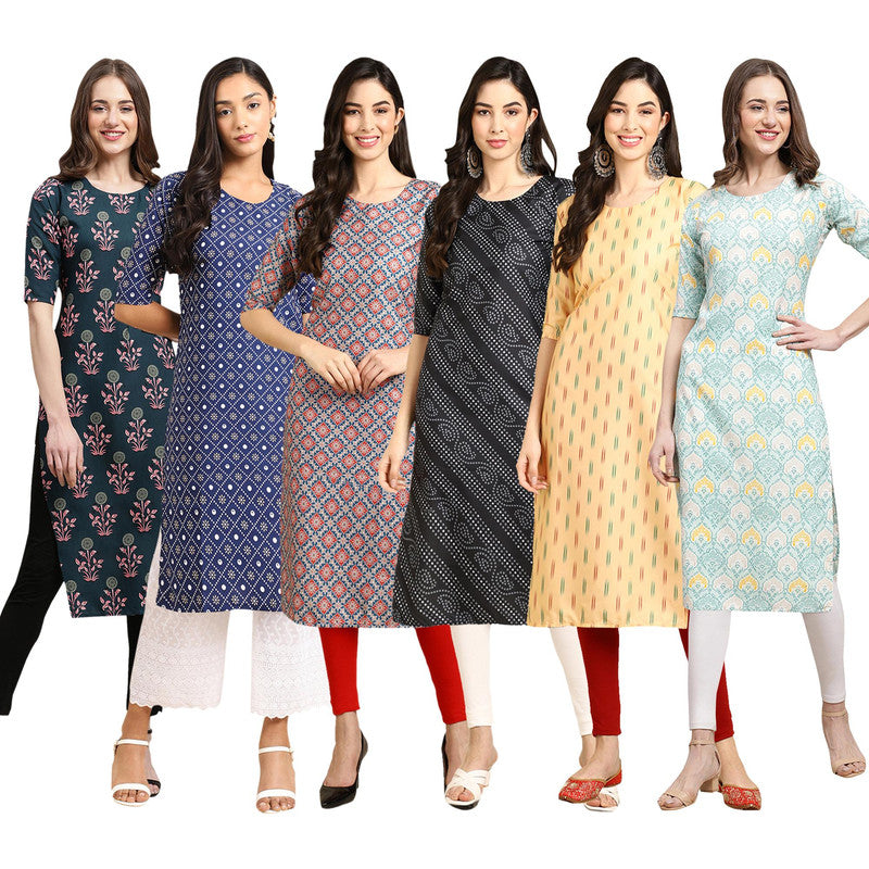 STYLISH CREPE MULTICOLOR PRINTED STRAIGHT SET OF 6 COMBO KURTA 335-353-372-363-360-343