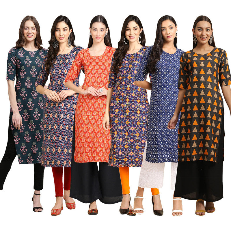 STYLISH CREPE MULTICOLOR PRINTED STRAIGHT SET OF 6 COMBO KURTA 335-358-354-369-353-387