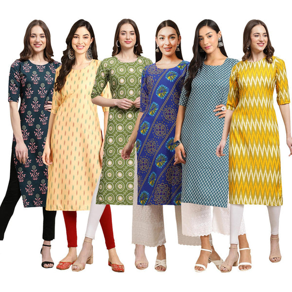 STYLISH CREPE MULTICOLOR PRINTED STRAIGHT SET OF 6 COMBO KURTA 335-360-338-391-351-329