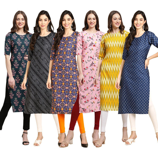 STYLISH CREPE MULTICOLOR PRINTED STRAIGHT SET OF 6 COMBO KURTA 335-363-369-339-329-364