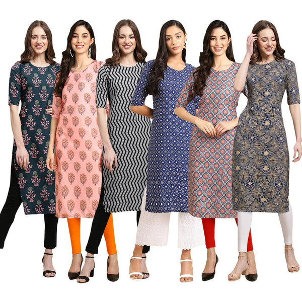 STYLISH CREPE MULTICOLOR PRINTED STRAIGHT SET OF 6 COMBO KURTA 335-368-336-353-372-341