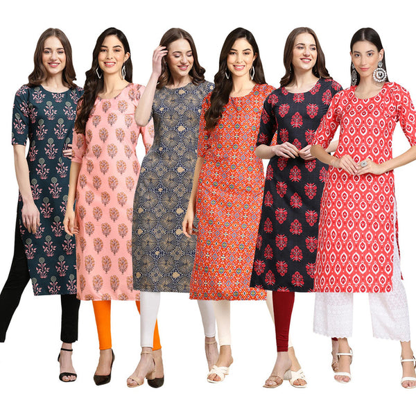 STYLISH CREPE MULTICOLOR PRINTED STRAIGHT SET OF 6 COMBO KURTA 335-368-341-365-345-346