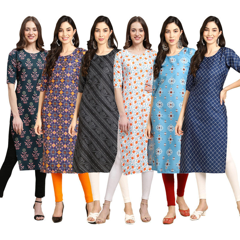 STYLISH CREPE MULTICOLOR PRINTED STRAIGHT SET OF 6 COMBO KURTA 335-369-363-334-361-364