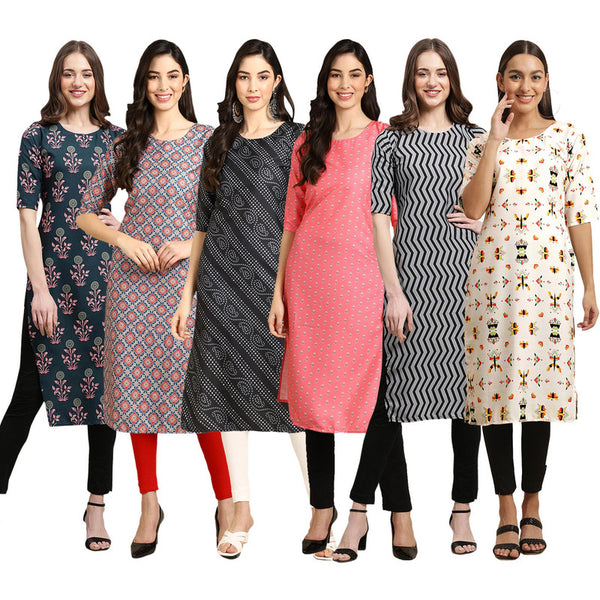 STYLISH CREPE MULTICOLOR PRINTED STRAIGHT SET OF 6 COMBO KURTA 335-372-363-371-336-386