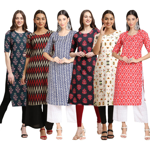 STYLISH CREPE MULTICOLOR PRINTED STRAIGHT SET OF 6 COMBO KURTA 335-382-348-345-386-346