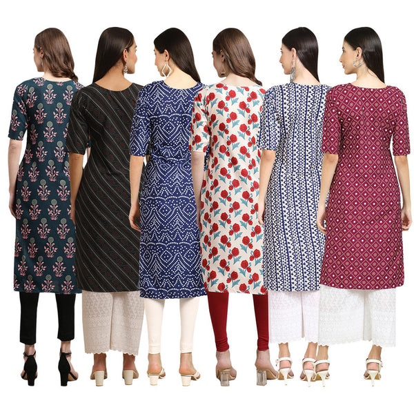 STYLISH CREPE MULTICOLOR PRINTED STRAIGHT SET OF 6 COMBO KURTA 335-385-366-342-348-355