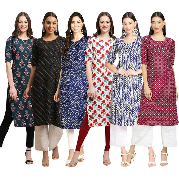 STYLISH CREPE MULTICOLOR PRINTED STRAIGHT SET OF 6 COMBO KURTA 335-385-366-342-348-355