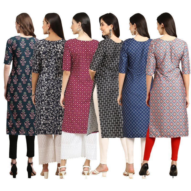 STYLISH CREPE MULTICOLOR PRINTED STRAIGHT SET OF 6 COMBO KURTA 335-388-355-362-364-372