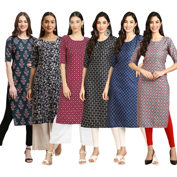 STYLISH CREPE MULTICOLOR PRINTED STRAIGHT SET OF 6 COMBO KURTA 335-388-355-362-364-372