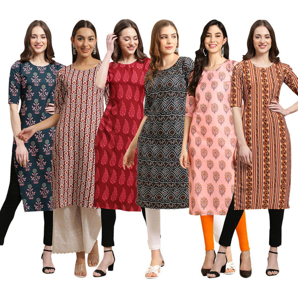 STYLISH CREPE MULTICOLOR PRINTED STRAIGHT SET OF 6 COMBO KURTA 335-389-337-373-368-344