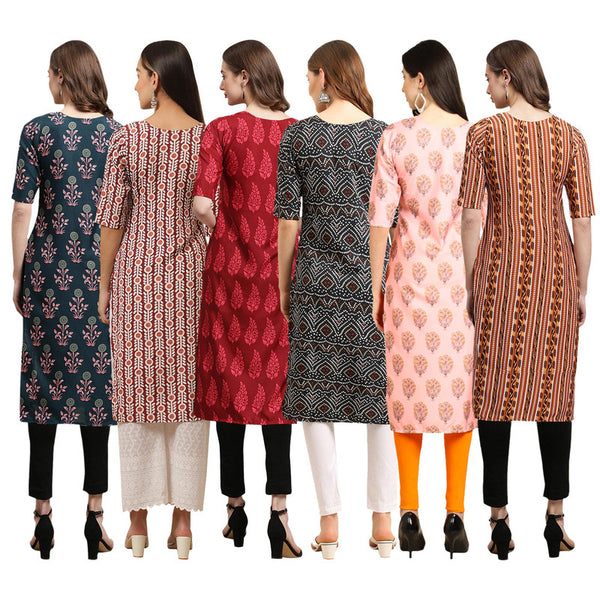 STYLISH CREPE MULTICOLOR PRINTED STRAIGHT SET OF 6 COMBO KURTA 335-389-337-373-368-344