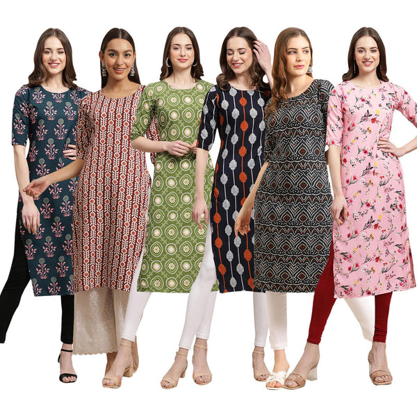 STYLISH CREPE MULTICOLOR PRINTED STRAIGHT SET OF 6 COMBO KURTA 335-389-338-330-373-339