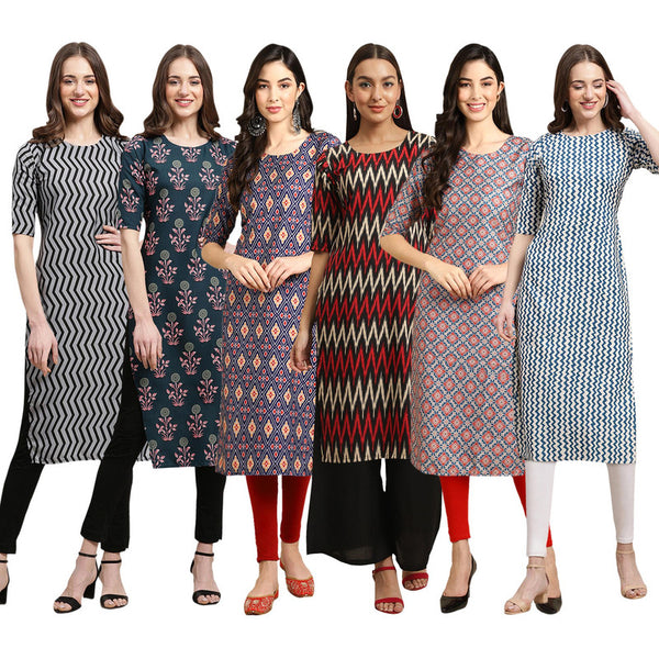 STYLISH CREPE MULTICOLOR PRINTED STRAIGHT SET OF 6 COMBO KURTA 336-335-358-382-372-331