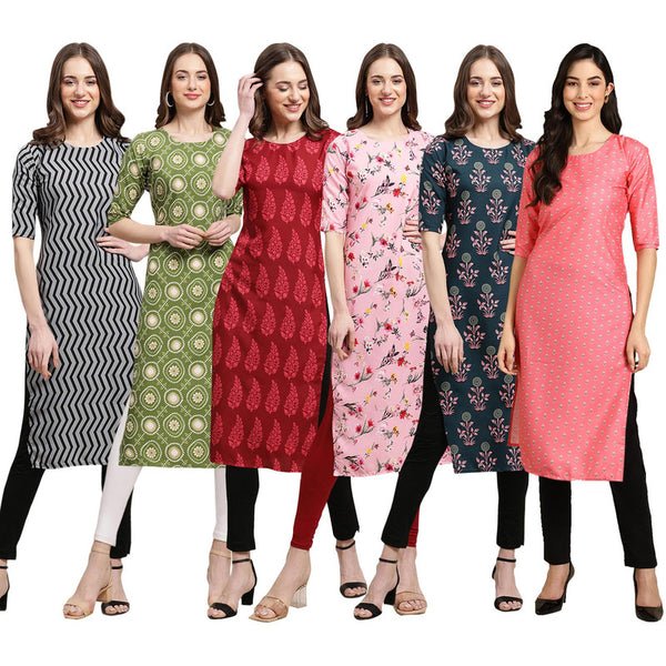 STYLISH CREPE MULTICOLOR PRINTED STRAIGHT SET OF 6 COMBO KURTA 336-338-337-339-335-371