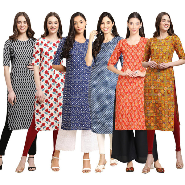 STYLISH CREPE MULTICOLOR PRINTED STRAIGHT SET OF 6 COMBO KURTA 336-342-353-367-354-333