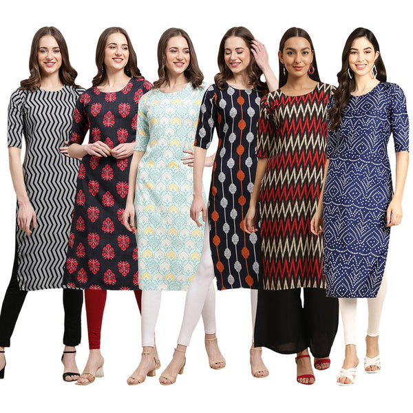 STYLISH CREPE MULTICOLOR PRINTED STRAIGHT SET OF 6 COMBO KURTA 336-345-343-330-382-366