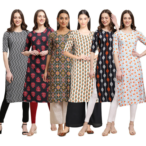 STYLISH CREPE MULTICOLOR PRINTED STRAIGHT SET OF 6 COMBO KURTA 336-345-383-352-330-334