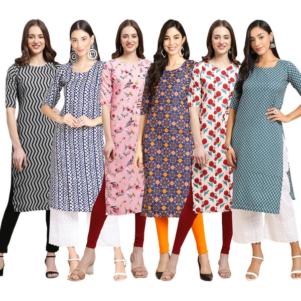 STYLISH CREPE MULTICOLOR PRINTED STRAIGHT SET OF 6 COMBO KURTA 336-348-339-369-342-351