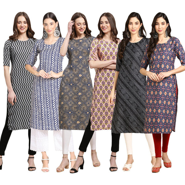 STYLISH CREPE MULTICOLOR PRINTED STRAIGHT SET OF 6 COMBO KURTA 336-348-341-332-363-358