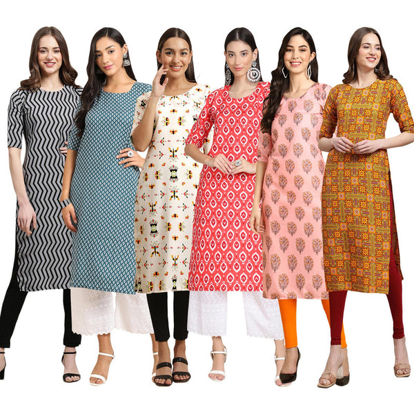 STYLISH CREPE MULTICOLOR PRINTED STRAIGHT SET OF 6 COMBO KURTA 336-351-386-346-368-333