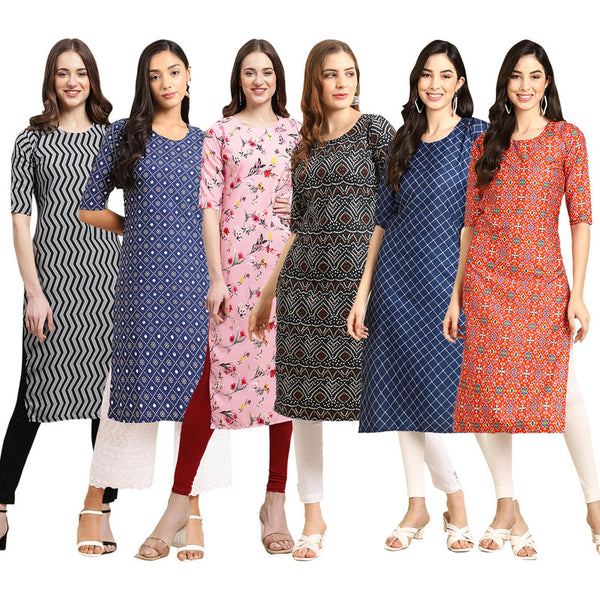 STYLISH CREPE MULTICOLOR PRINTED STRAIGHT SET OF 6 COMBO KURTA 336-353-339-373-364-365