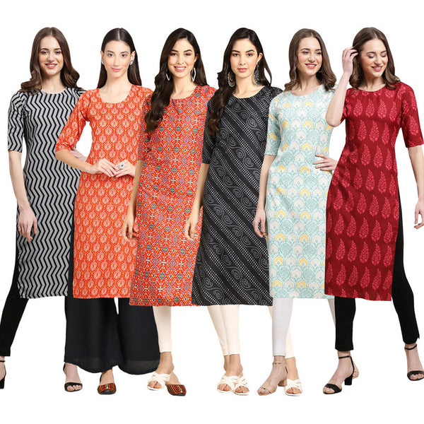 STYLISH CREPE MULTICOLOR PRINTED STRAIGHT SET OF 6 COMBO KURTA 336-354-365-363-343-337