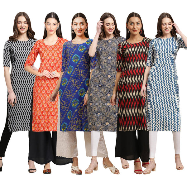 STYLISH CREPE MULTICOLOR PRINTED STRAIGHT SET OF 6 COMBO KURTA 336-354-391-341-382-331