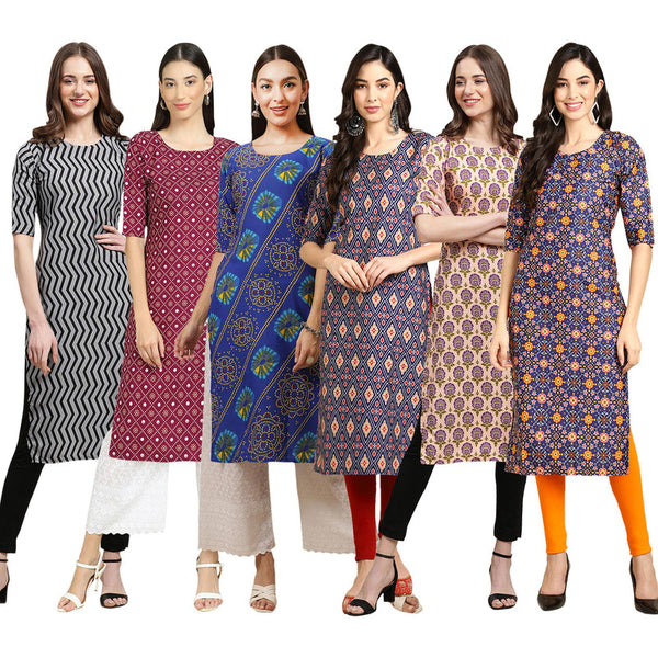 STYLISH CREPE MULTICOLOR PRINTED STRAIGHT SET OF 6 COMBO KURTA 336-355-391-358-332-369