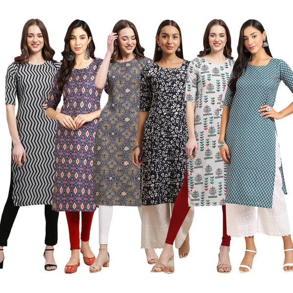 STYLISH CREPE MULTICOLOR PRINTED STRAIGHT SET OF 6 COMBO KURTA 336-358-341-388-340-351