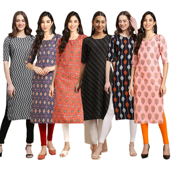 STYLISH CREPE MULTICOLOR PRINTED STRAIGHT SET OF 6 COMBO KURTA 336-358-365-385-330-368