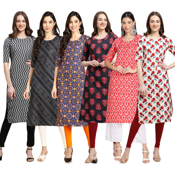 STYLISH CREPE MULTICOLOR PRINTED STRAIGHT SET OF 6 COMBO KURTA 336-363-369-345-346-342