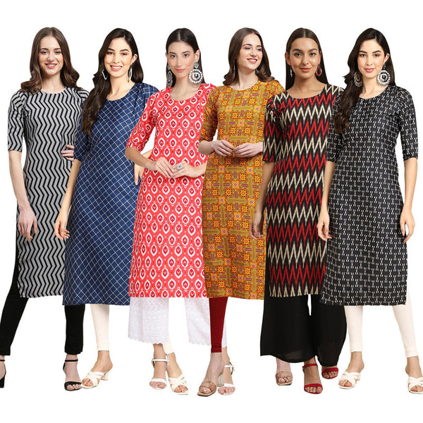 STYLISH CREPE MULTICOLOR PRINTED STRAIGHT SET OF 6 COMBO KURTA 336-364-346-333-382-362