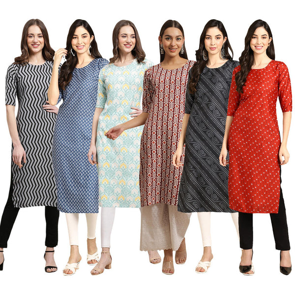 STYLISH CREPE MULTICOLOR PRINTED STRAIGHT SET OF 6 COMBO KURTA 336-367-343-389-363-370