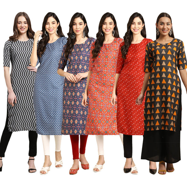 STYLISH CREPE MULTICOLOR PRINTED STRAIGHT SET OF 6 COMBO KURTA 336-367-358-365-370-387