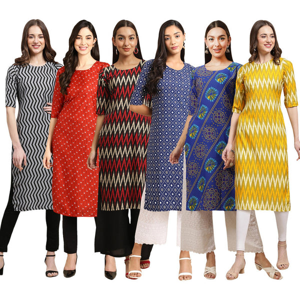 STYLISH CREPE MULTICOLOR PRINTED STRAIGHT SET OF 6 COMBO KURTA 336-370-382-353-391-329