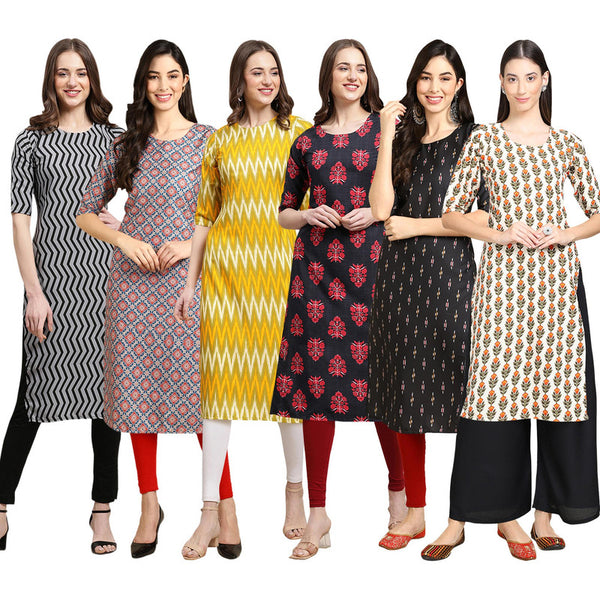 STYLISH CREPE MULTICOLOR PRINTED STRAIGHT SET OF 6 COMBO KURTA 336-372-329-345-359-352