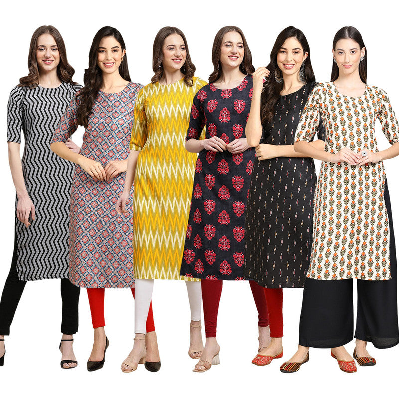 STYLISH CREPE MULTICOLOR PRINTED STRAIGHT SET OF 6 COMBO KURTA 336-372-329-345-359-352