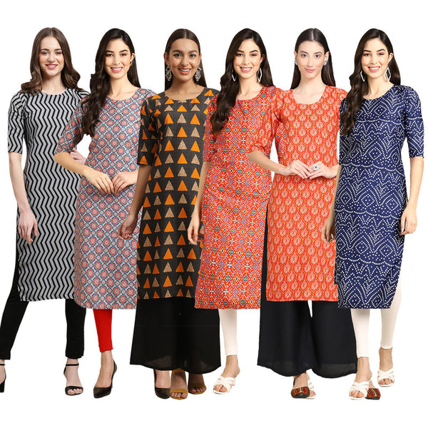 STYLISH CREPE MULTICOLOR PRINTED STRAIGHT SET OF 6 COMBO KURTA 336-372-387-365-354-366