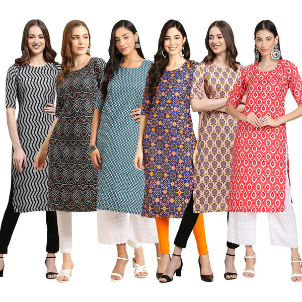 STYLISH CREPE MULTICOLOR PRINTED STRAIGHT SET OF 6 COMBO KURTA 336-373-351-369-332-346