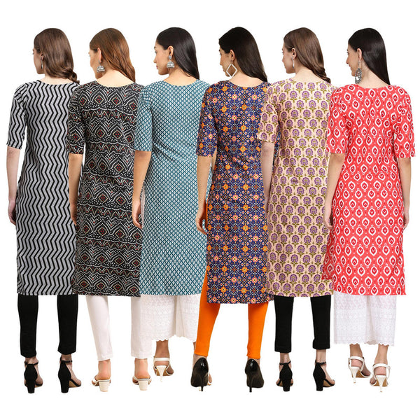 STYLISH CREPE MULTICOLOR PRINTED STRAIGHT SET OF 6 COMBO KURTA 336-373-351-369-332-346