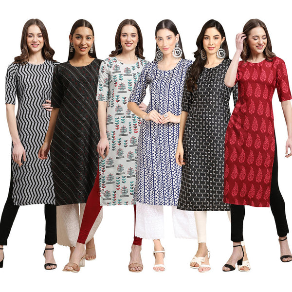 STYLISH CREPE MULTICOLOR PRINTED STRAIGHT SET OF 6 COMBO KURTA 336-385-340-348-362-337