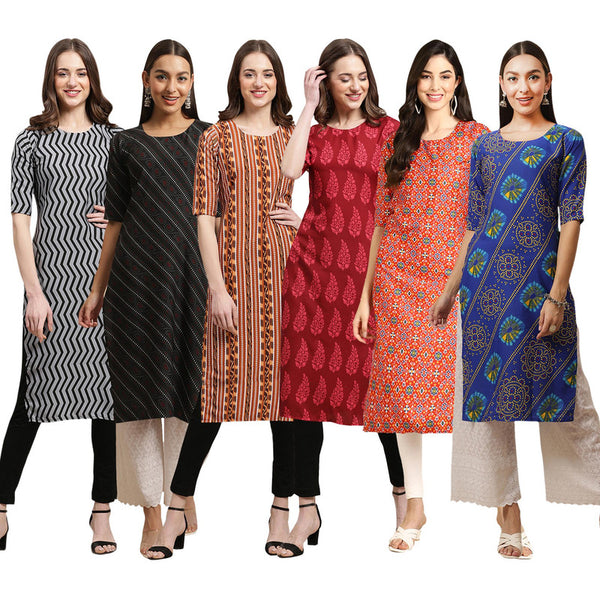 STYLISH CREPE MULTICOLOR PRINTED STRAIGHT SET OF 6 COMBO KURTA 336-385-344-337-365-391