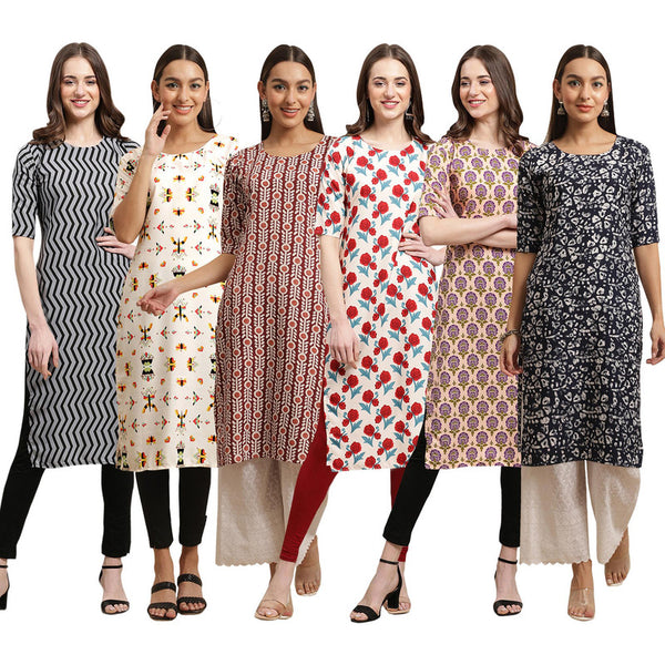 STYLISH CREPE MULTICOLOR PRINTED STRAIGHT SET OF 6 COMBO KURTA 336-386-389-342-332-388