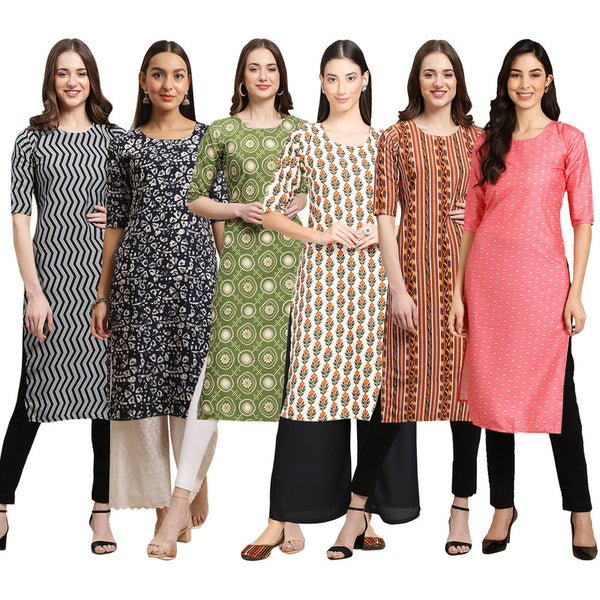 STYLISH CREPE MULTICOLOR PRINTED STRAIGHT SET OF 6 COMBO KURTA 336-388-338-352-344-371